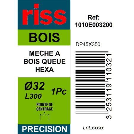 Mèche à bois à spire unique queue hexagonale Ø32 x 300mm - Riss