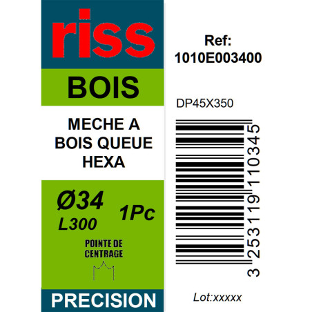 Mèche à bois à spire unique queue hexagonale Ø34 x 300mm - Riss