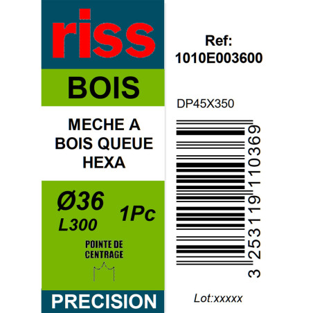 Mèche à bois à spire unique queue hexagonale Ø36 x 300mm - Riss