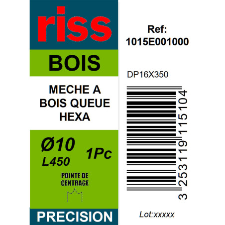 Mèche à bois à spire unique queue hexagonale Ø10 x 450mm - Riss