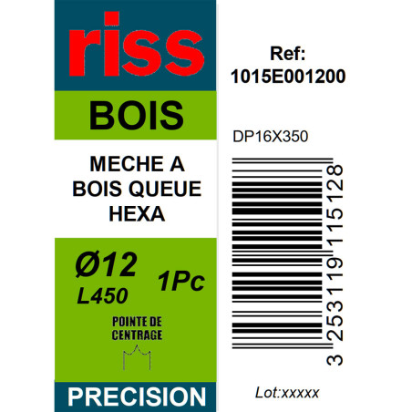 Mèche à bois à spire unique queue hexagonale Ø12 x 450mm - Riss