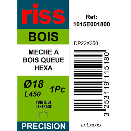 Mèche à bois à spire unique queue hexagonale Ø18 x 450mm - Riss