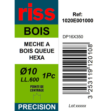 Mèche à bois à spire unique queue hexagonale Ø10 x 600mm - Riss