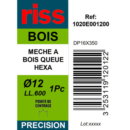 Mèche à bois à spire unique queue hexagonale Ø12 x 600mm - Riss