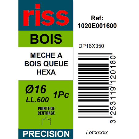 Mèche à bois à spire unique queue hexagonale Ø16 x 600mm - Riss