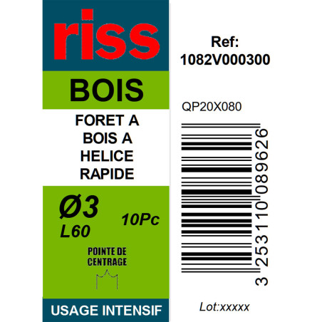 Boite 10 forets à bois autocentreurs hélice rapide Ø3mm - Riss