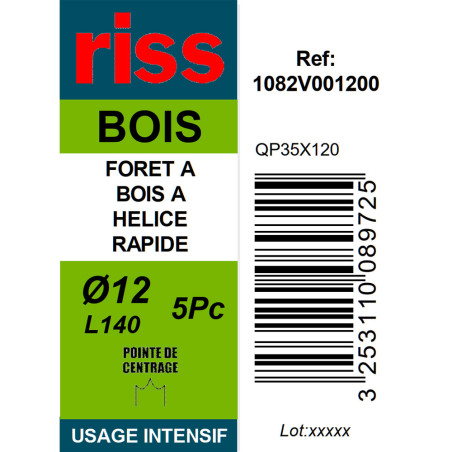 Boite 5 forets à bois autocentreurs hélice rapide Ø12mm - Riss