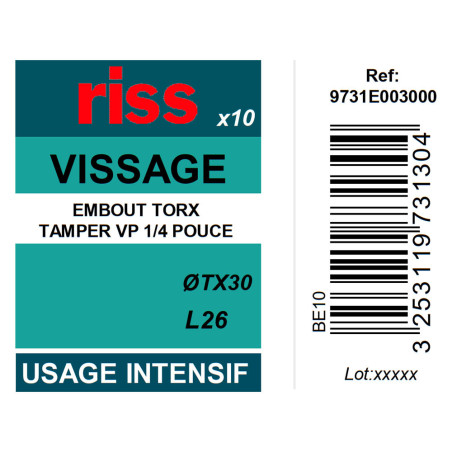 Boite 10 embouts intensifs Torx percés T30 26mm - Riss