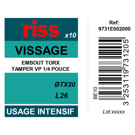 Boite 10 embouts intensifs Torx percés T20 26mm - Riss