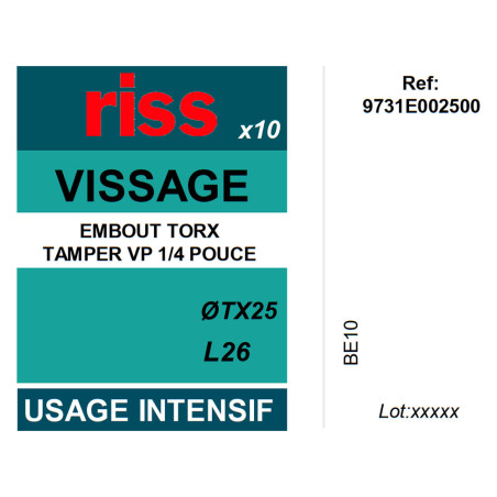 Boite 10 embouts intensifs Torx percés T25 26mm - Riss