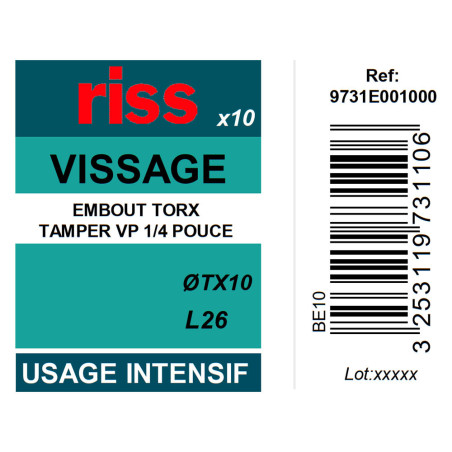 Boite 10 embouts intensifs Torx percés T10 26mm - Riss