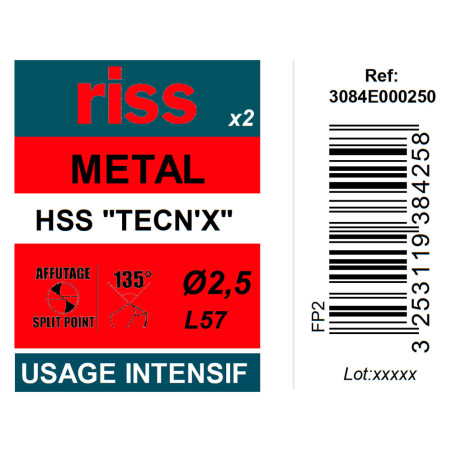 Etui 2 forets à métaux HSS taillés meulés TECN'X Ø2,5mm - Riss