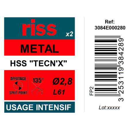 Etui 2 forets à métaux HSS taillés meulés TECN'X Ø2,8mm - Riss
