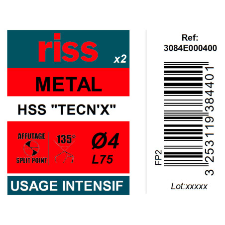 Etui 2 forets à métaux HSS taillés meulés TECN'X Ø4mm - Riss