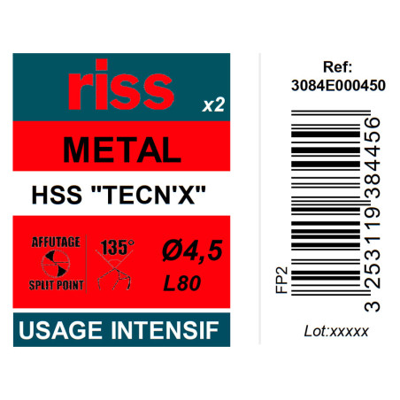 Etui 2 forets à métaux HSS taillés meulés TECN'X Ø4,5mm - Riss