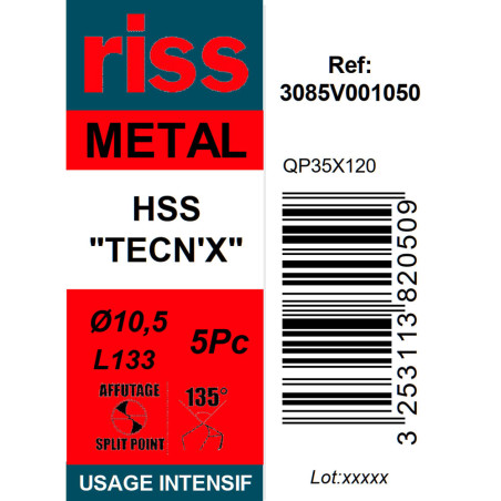 Boite 5 forets à métaux HSS taillés meulés TECN'X Ø10,5mm - Riss