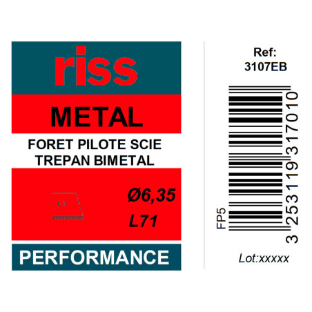 Foret pilote pour scie trépan bi-métal Ø6,35 x 71mm - Riss