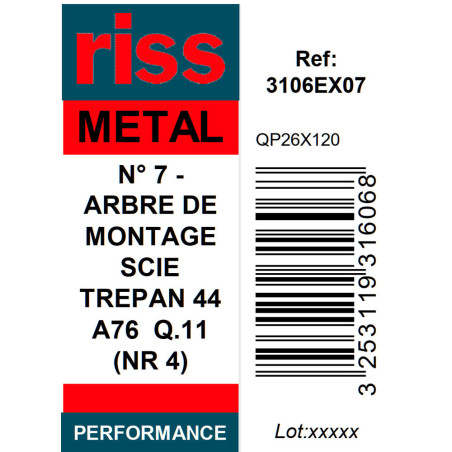 Arbre de montage N°7 pour scie trépan (Ø44 à 76mm) Q11mm - Riss