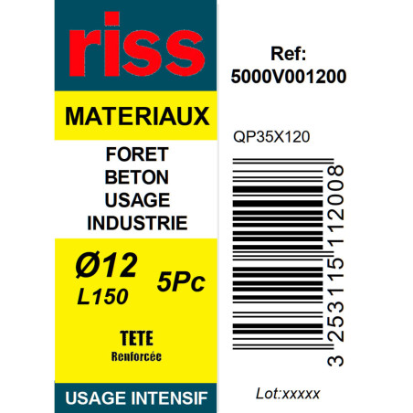 Boite 5 forets béton industrie qualité Pro Ø12mm - Riss