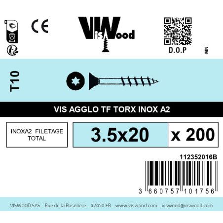 Boite 200 vis agglo 3.5 x 20mm tête Fraisée Torx Inox A2 - Viswood