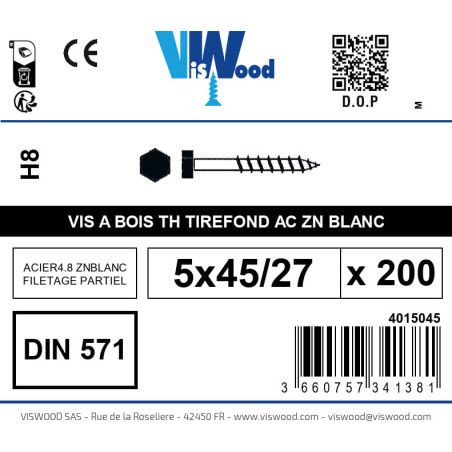 Boite 200 vis bois tirefond 5 x 45/27mm tête hexagonale Acier zingué blanc - Viswood