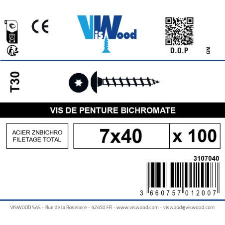 Boite 100 vis de penture 7 x 40mm tête ronde large torx acier zingué bichromaté - Viswood