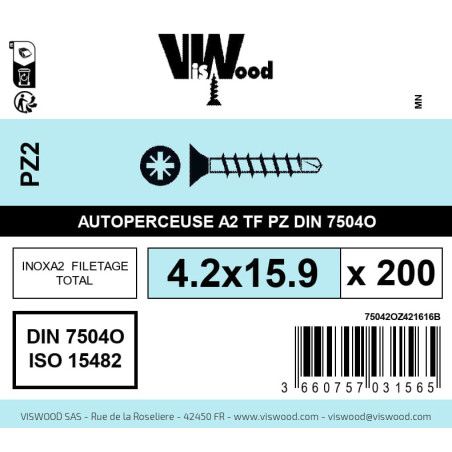 Boite 200 vis autoperceuses 4.2 x 15.9mm tête fraisée pozidriv inox A2 - Viswood