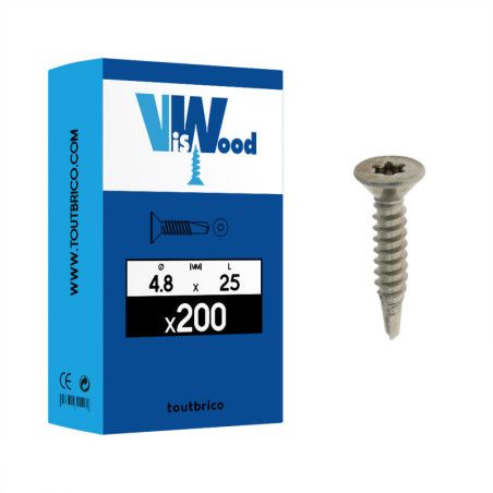Boite 200 vis autoperceuses 4.8 x 25mm tête fraisée torx inox A2 - Viswood