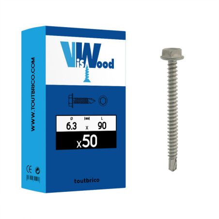 Boite 50 vis autoperceuses 6.3 x 38mm tête hexagonale inox A2 - Viswood