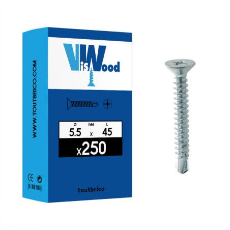 Boite 250 vis autoperceuses 5.5 x 45mm tête fraisée phillips acier zingué - Viswood