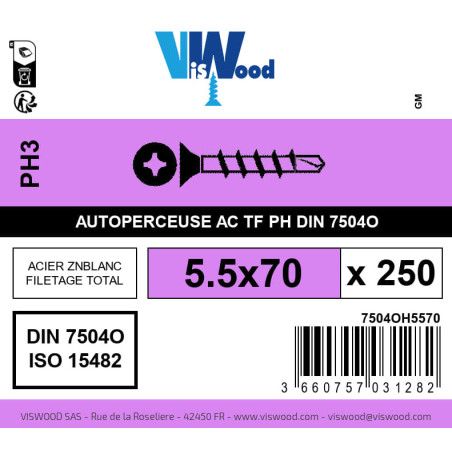 Boite 250 vis autoperceuses 5.5 x 70mm tête fraisée phillips acier zingué - Viswood