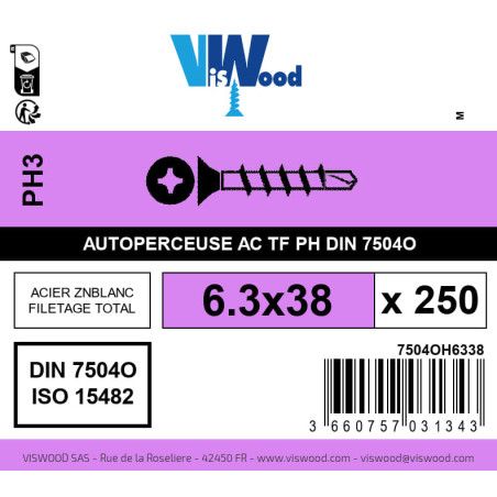 Boite 250 vis autoperceuses 6.3 x 38mm tête fraisée phillips acier zingué - Viswood
